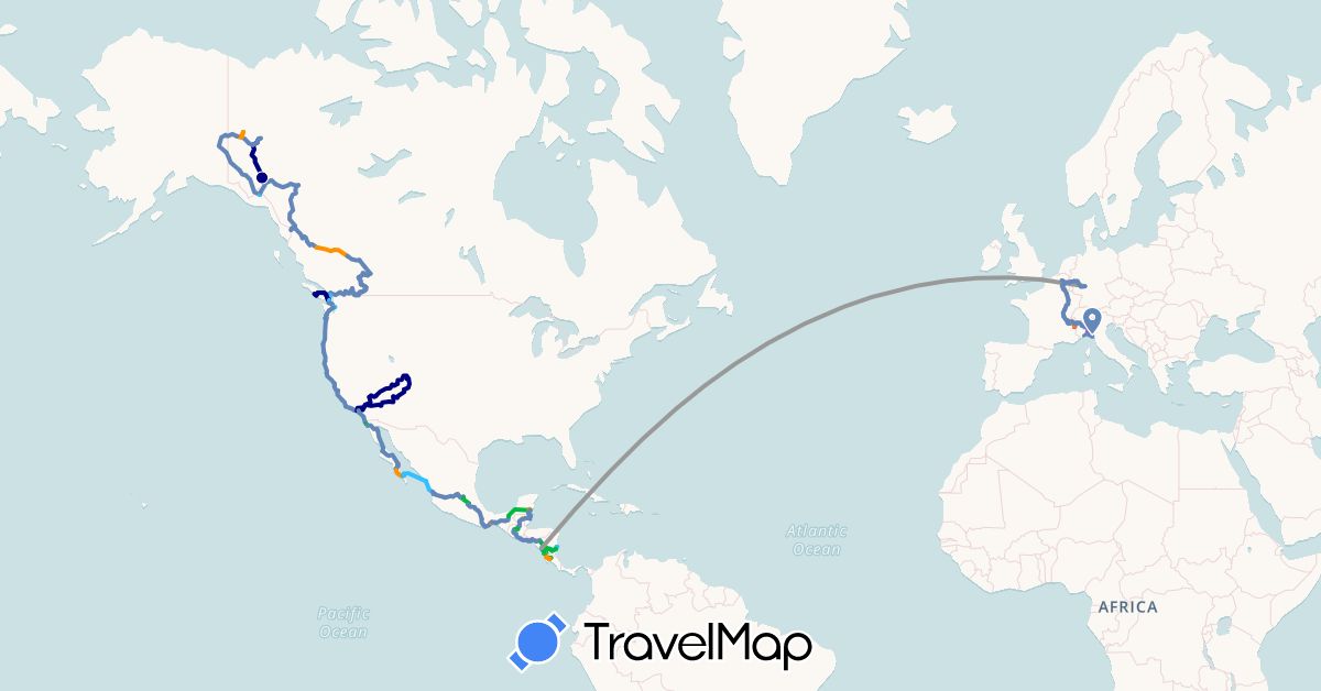 TravelMap itinerary: driving, bus, plane, cycling, train, hiking, boat, hitchhiking in Belgium, Belize, Canada, Costa Rica, Germany, France, Guatemala, Honduras, Italy, Mexico, Nicaragua, El Salvador, United States (Europe, North America)